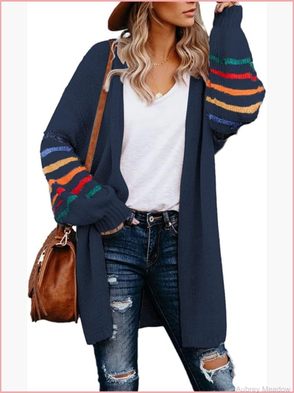Striped Color Block Long Open Front Cardigan Loose Knit Sweater